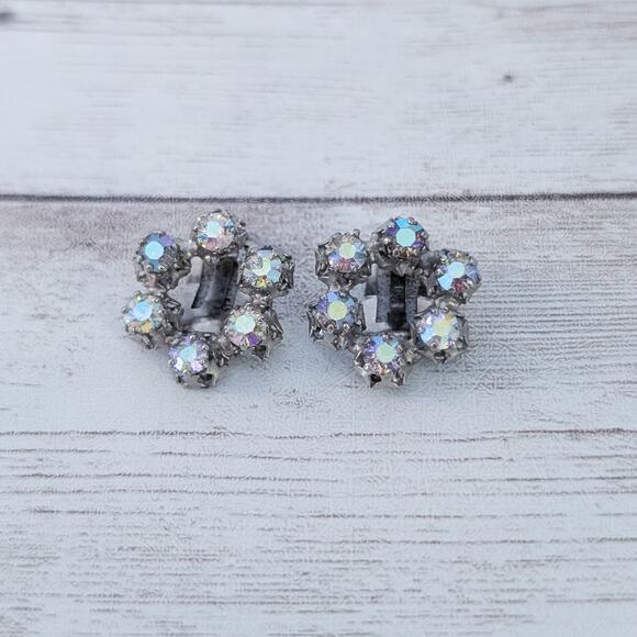 Vintage Clip On Earrings Dark Metal and Iridescent Gems - Picture 3 of 5
